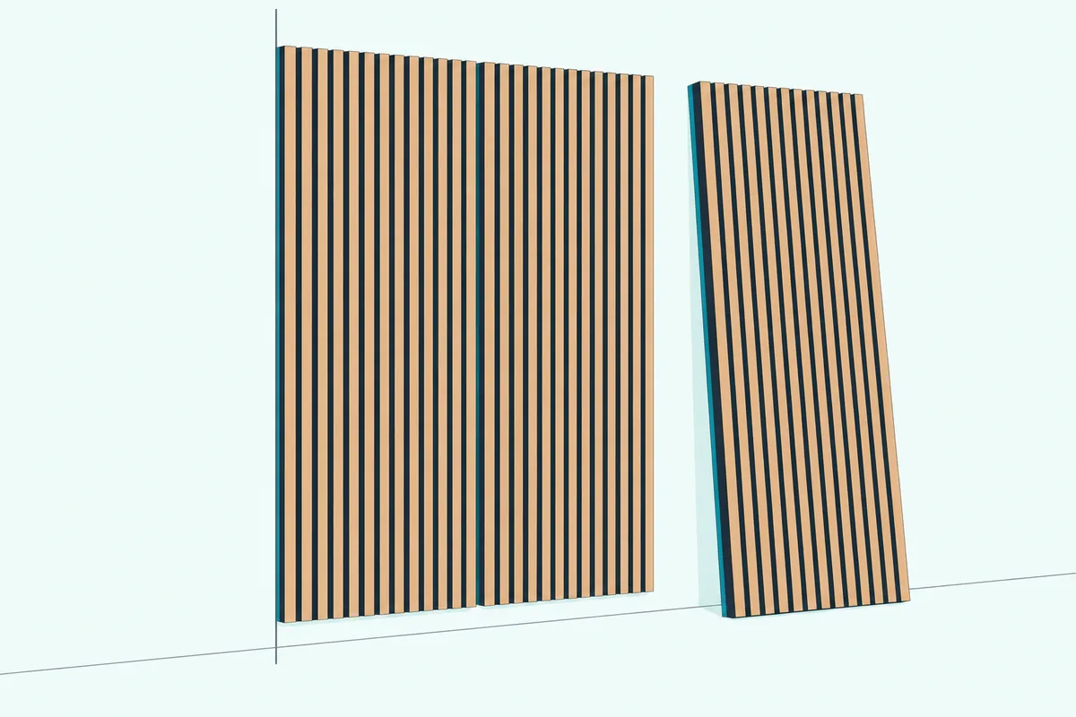 Wood slat acoustic panels on black felt being fixed to a pale wall beside a pencil plumb line, the next panel leaning ready