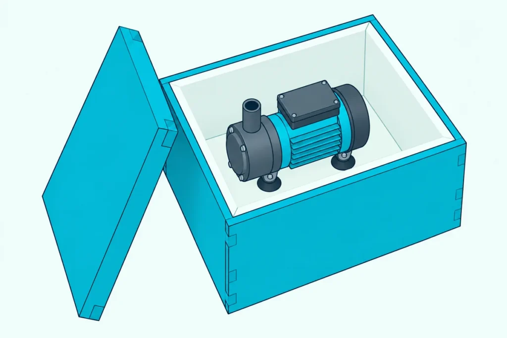 A wooden box with its lid off, showing a thick lining and a small pump on rubber feet