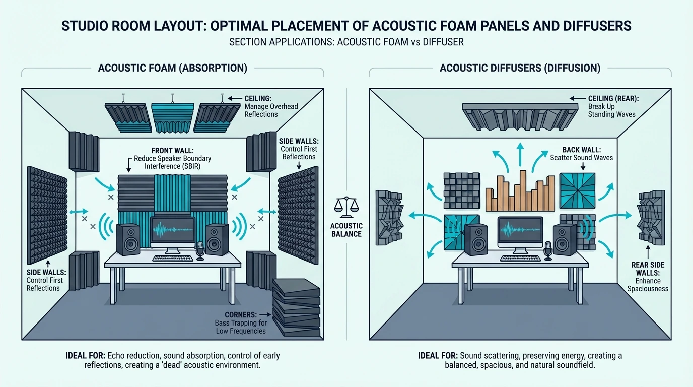 Studio layout showing where to place foam panels and diffusers