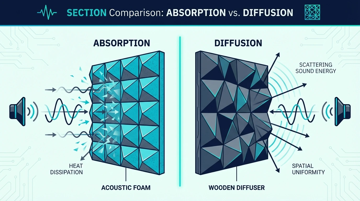 Absorption vs diffusion: foam absorbs while a diffuser scatters reflections
