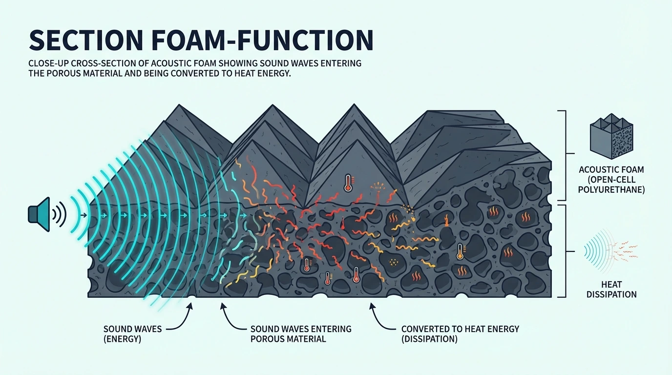 Cross-section of acoustic foam absorbing sound waves