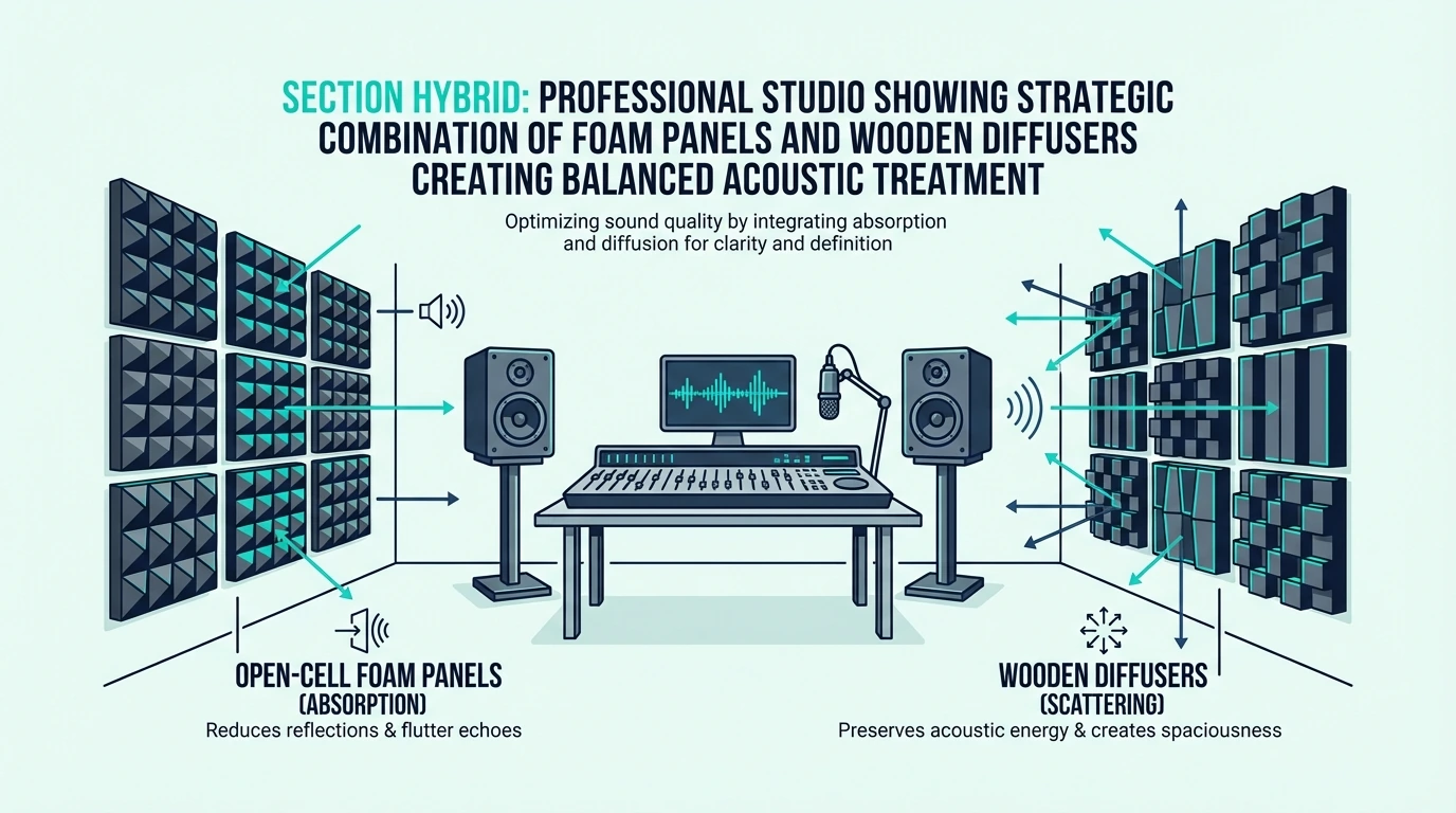 Hybrid studio setup using both foam panels and diffusers