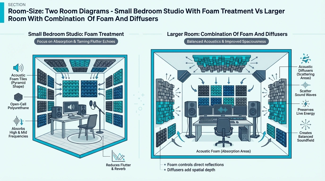 Small vs large room treatment: foam-only vs foam plus diffusers