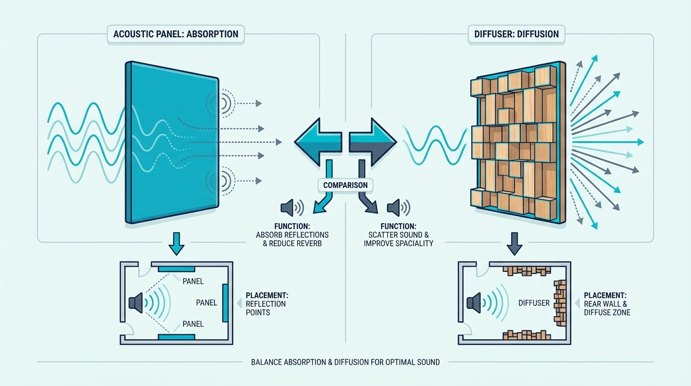 Side-by-side comparison of acoustic panels and diffusers