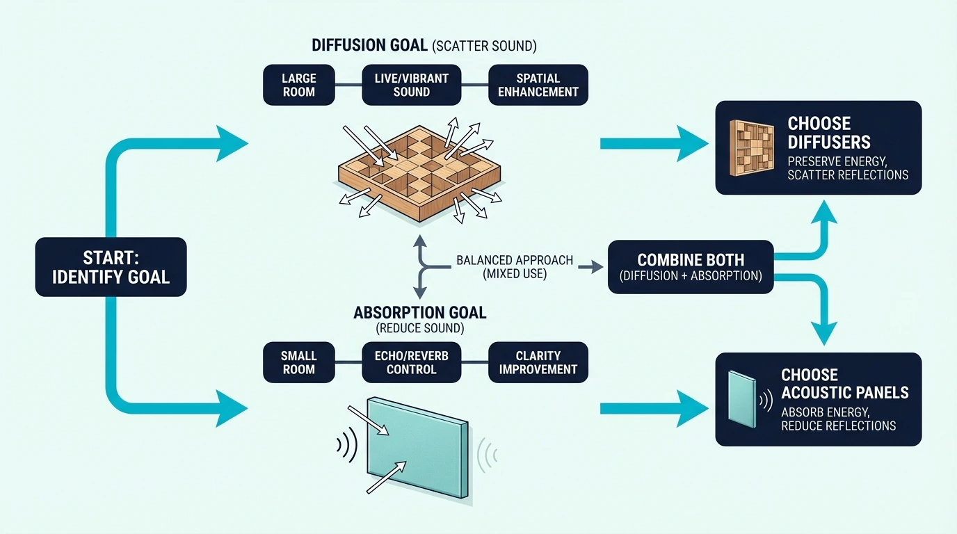 Decision flowchart for choosing between acoustic panels and diffusers