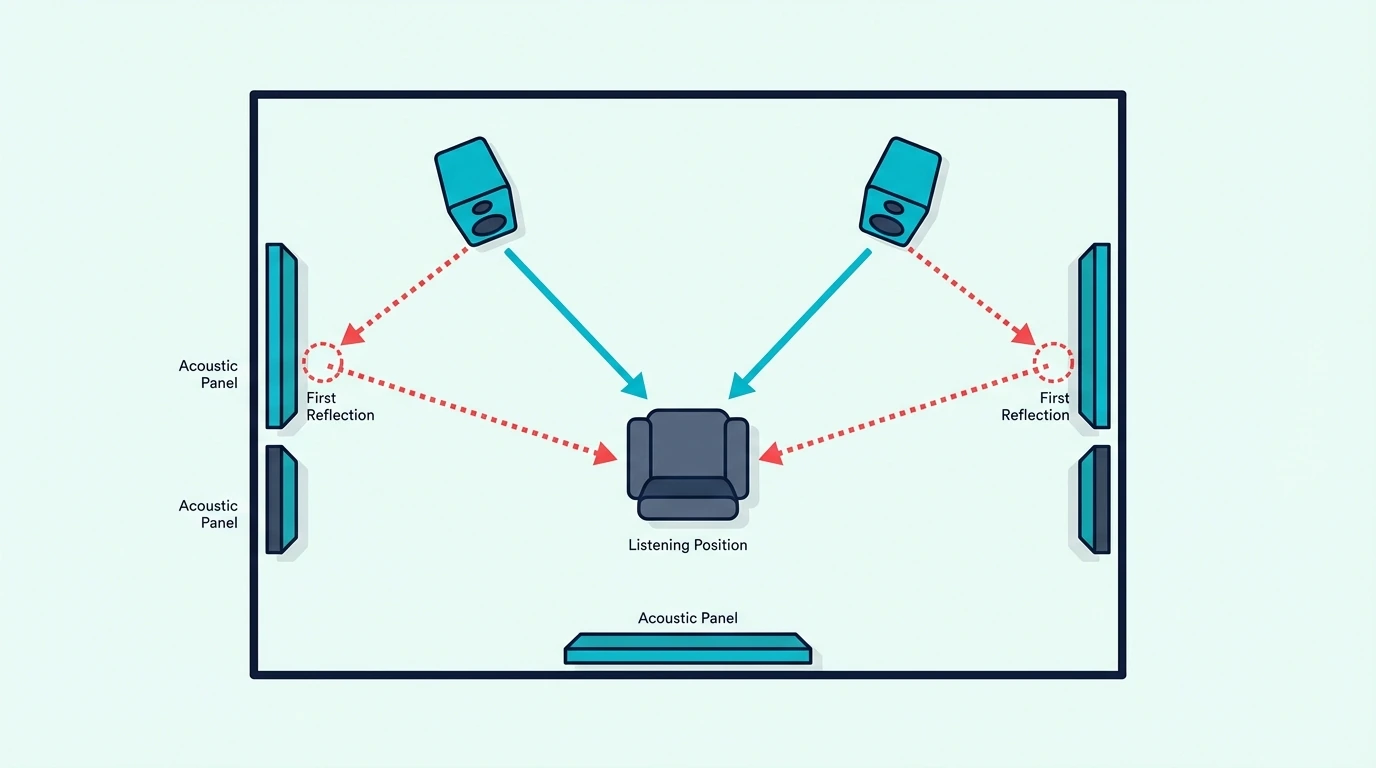 top-down room diagram showing speaker placement, first reflection points on side walls, and acoustic panel positions for optimal sound control