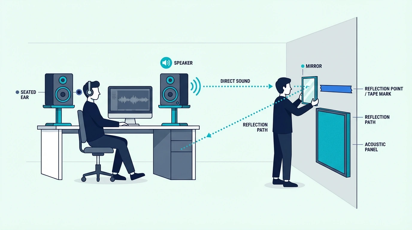 person sitting at desk while friend holds mirror on side wall at ear height to locate first reflection point from studio monitor