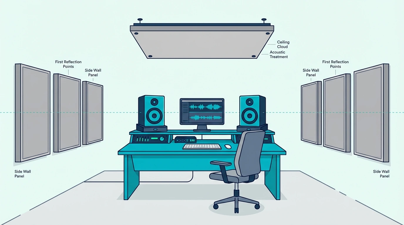 home studio mixing desk with monitors on stands showing acoustic panels at first reflection points on side walls and ceiling cloud above mixing position