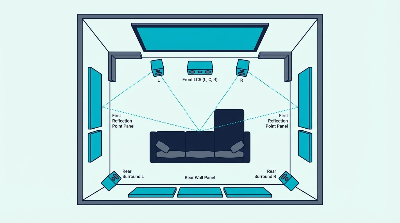top-down home theater floor plan showing speaker positions, couch, and acoustic panel placement at first reflection points on side walls and rear wall