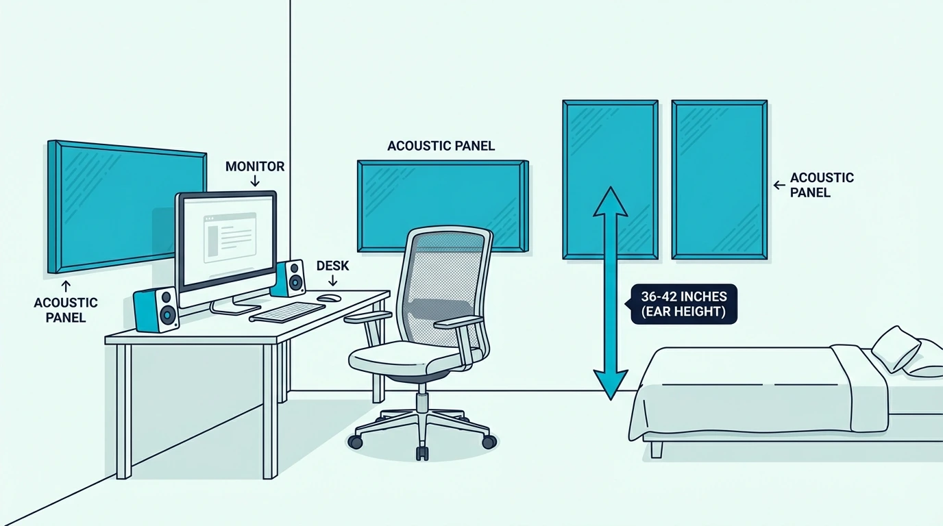 small home office with desk showing acoustic panels mounted on side wall at seated ear height and one panel behind desk chair
