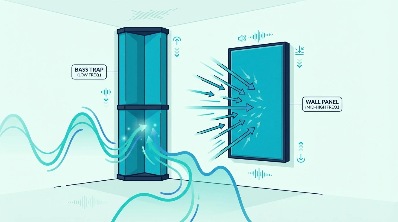 room corner showing floor-to-ceiling bass trap absorbing low-frequency waves next to flat wall panel absorbing mid-high frequencies