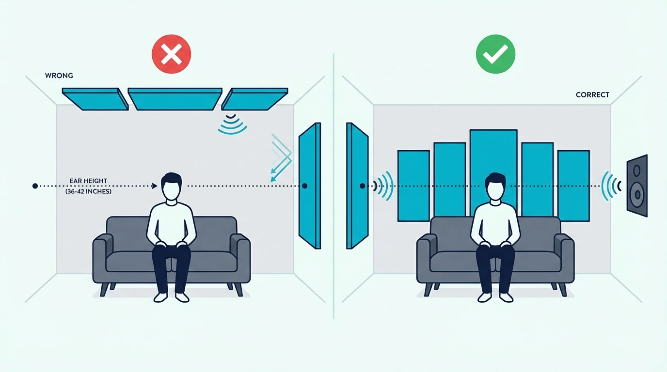 split comparison showing wrong panel placement mounted too high near ceiling versus correct placement centered at seated ear height