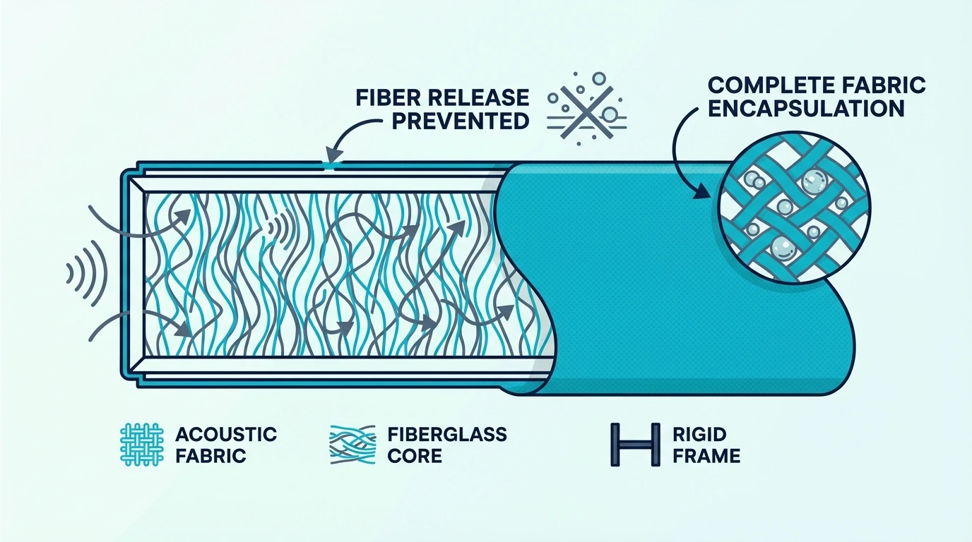 Cross-section of fiberglass acoustic panel showing fabric encapsulation