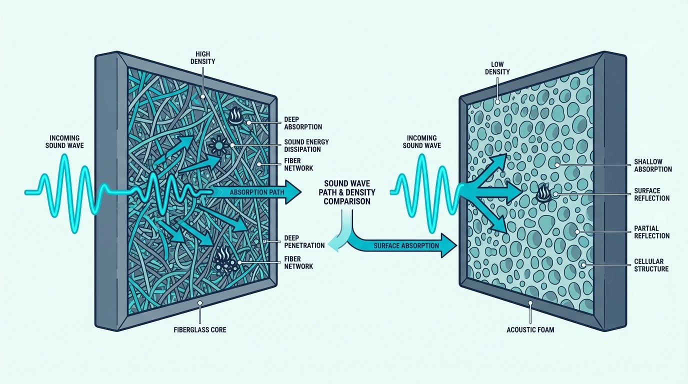 Cross-section diagram showing sound wave interaction with different acoustic panel materials