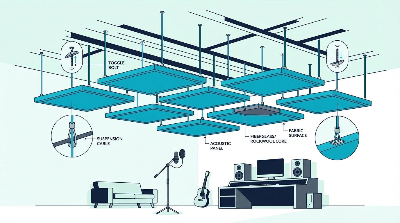 Ceiling acoustic panel cloud installation with mounting hardware