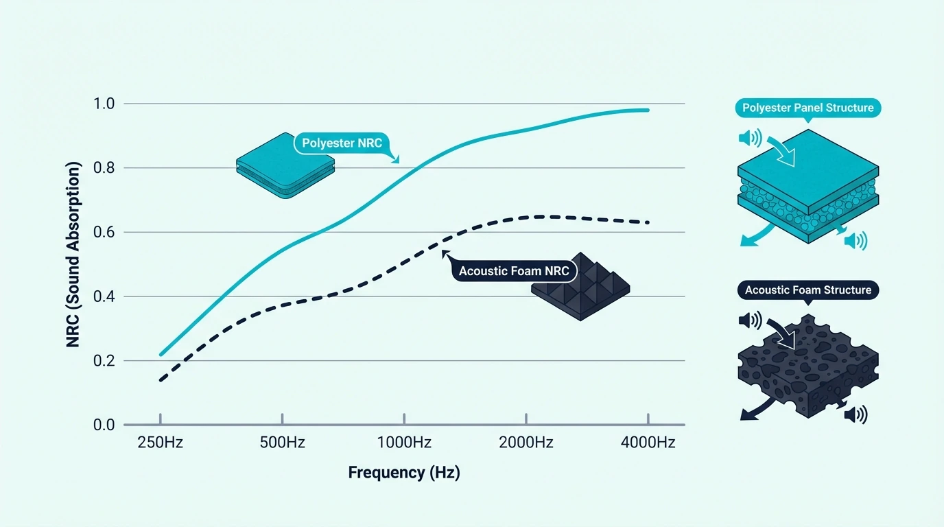 Sound Absorption Frequency Chart Comparing Polyester Panel NRC Curve Versus Acoustic Foam NRC Curve Across 250Hz To 4000Hz for polyester vs foam acoustic panels