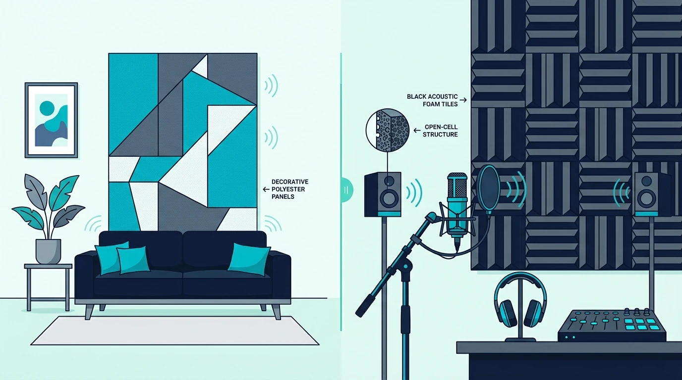 Split View Of Modern Living Room With Decorative Polyester Panels On Left And Recording Studio With Black Acoustic Foam Wedge Tiles On Right for polyester vs foam acoustic panels