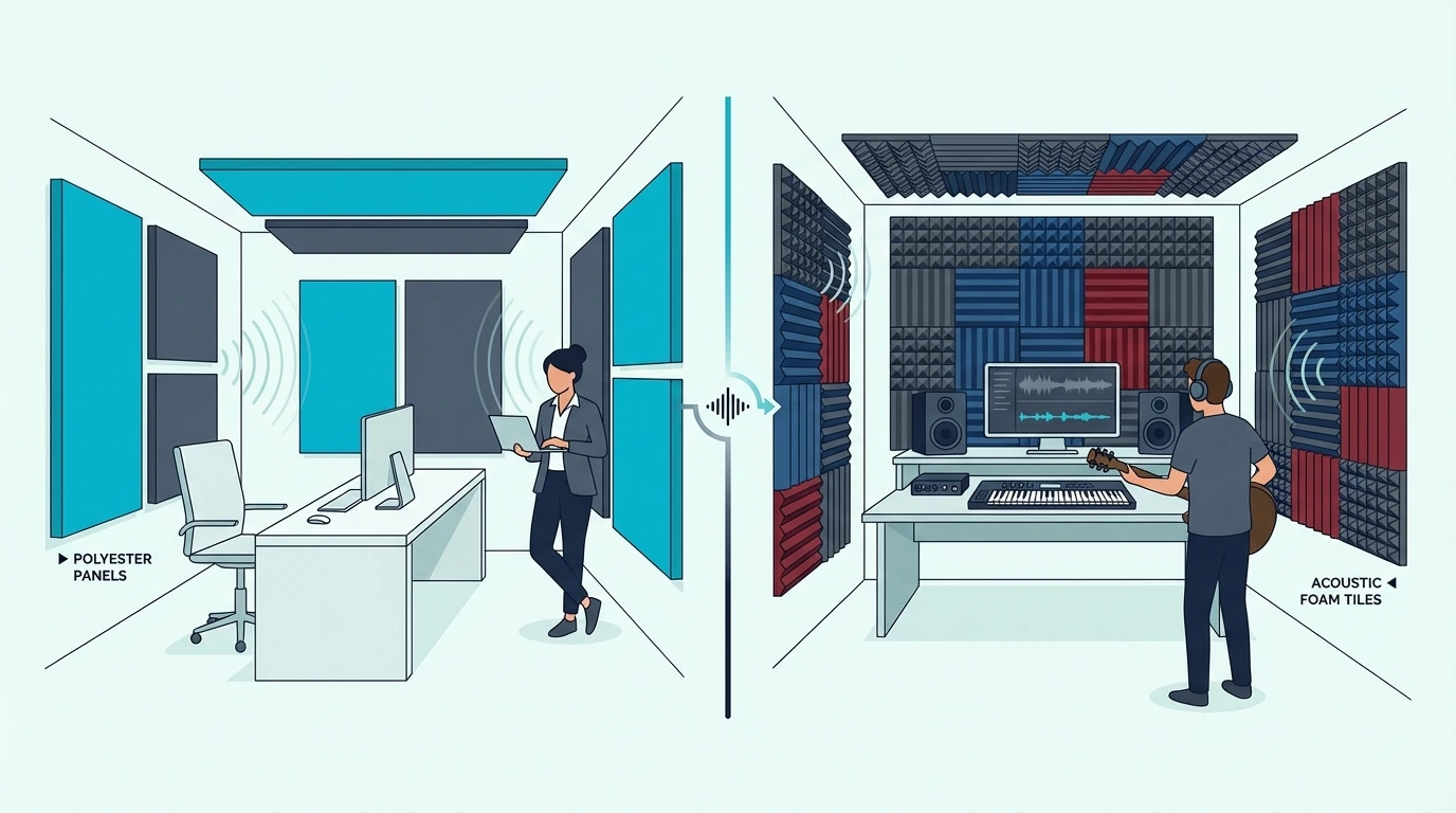 Split Scene Showing Office With Polyester Panels On Visible Walls On Left And Home Studio With Acoustic Foam Tiles Covering Back Wall On Right for polyester vs foam acoustic panels