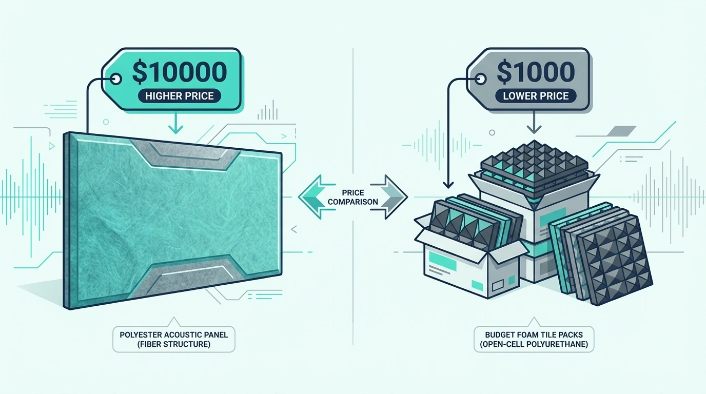 Price Comparison Showing Polyester Panel With Higher Price Tag On Left And Stack Of Budget Acoustic Foam Tile Packs With Lower Price On Right for polyester vs foam acoustic panels