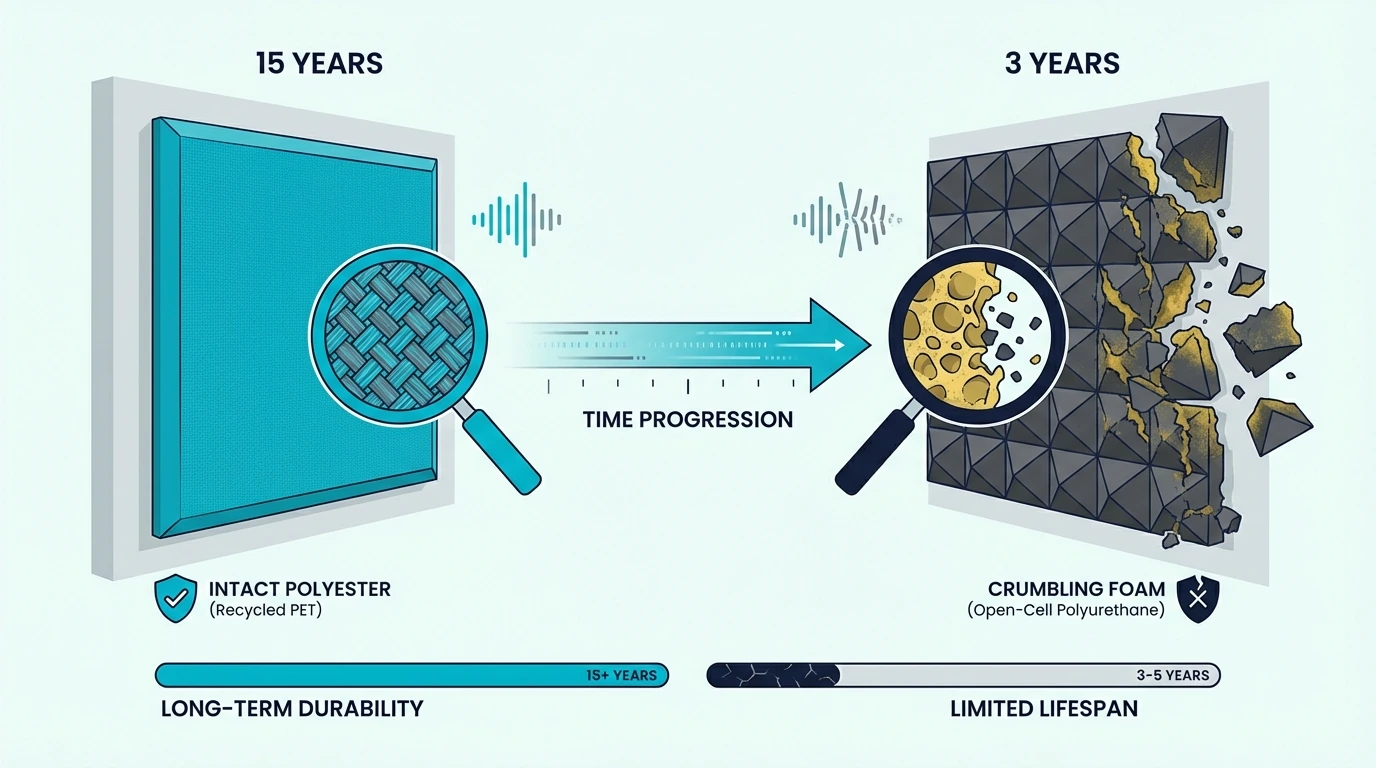 Timeline Infographic Showing Polyester Panel Intact After 15 Years On Left Versus Crumbling Yellowed Acoustic Foam After 3 Years On Right for polyester vs foam acoustic panels