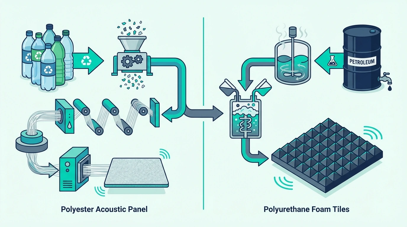 Recycled PET Bottles Transforming Into Polyester Acoustic Panel On Left Versus Petroleum Barrel Producing Polyurethane Foam Tiles On Right for polyester vs foam acoustic panels