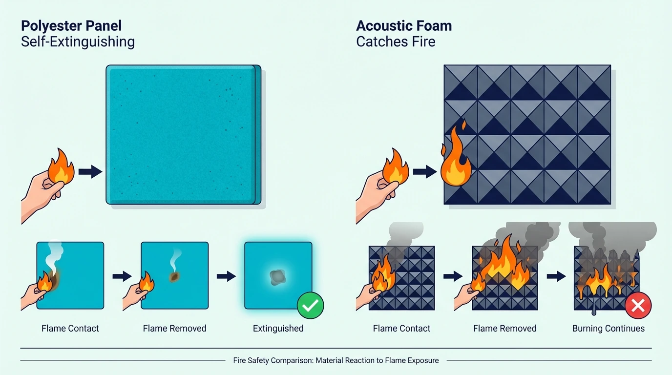 Fire Safety Comparison Showing Polyester Panel Self-Extinguishing When Flame Removed Versus Acoustic Foam Catching Fire for polyester vs foam acoustic panels