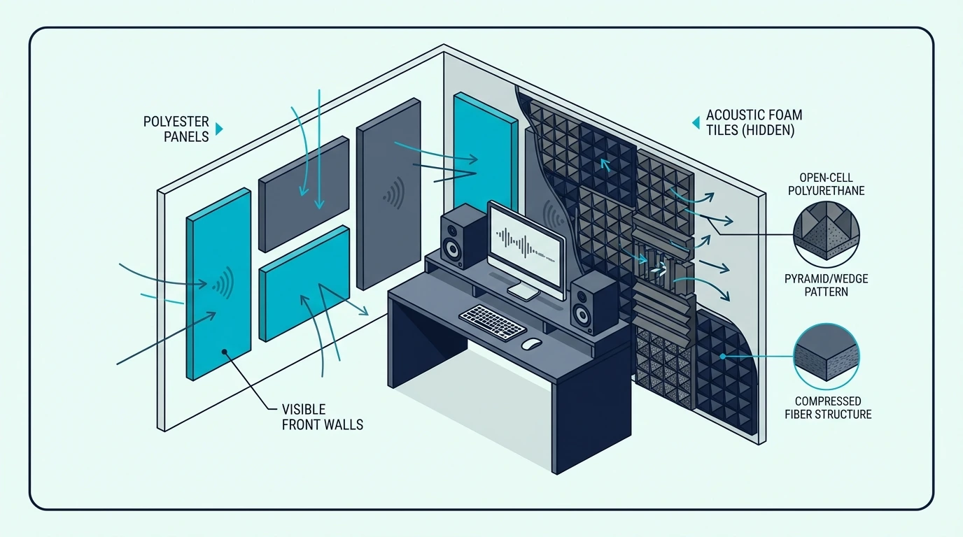 Room Diagram Showing Polyester Panels On Visible Front Walls And Acoustic Foam Tiles Hidden Behind Desk And Equipment for polyester vs foam acoustic panels