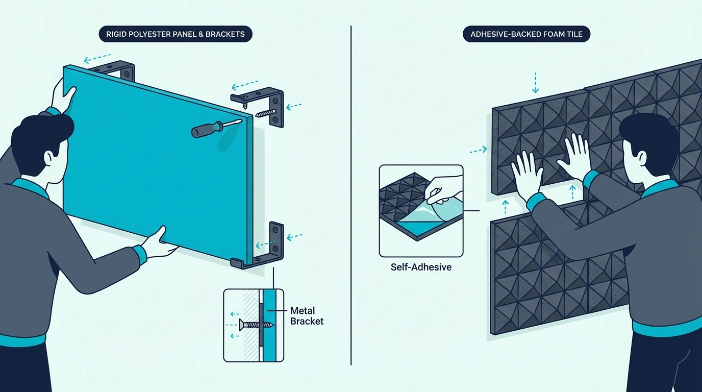 Person Mounting Rigid Polyester Panel With Brackets On Left Versus Person Pressing Adhesive-Backed Foam Tile Onto Wall On Right for polyester vs foam acoustic panels