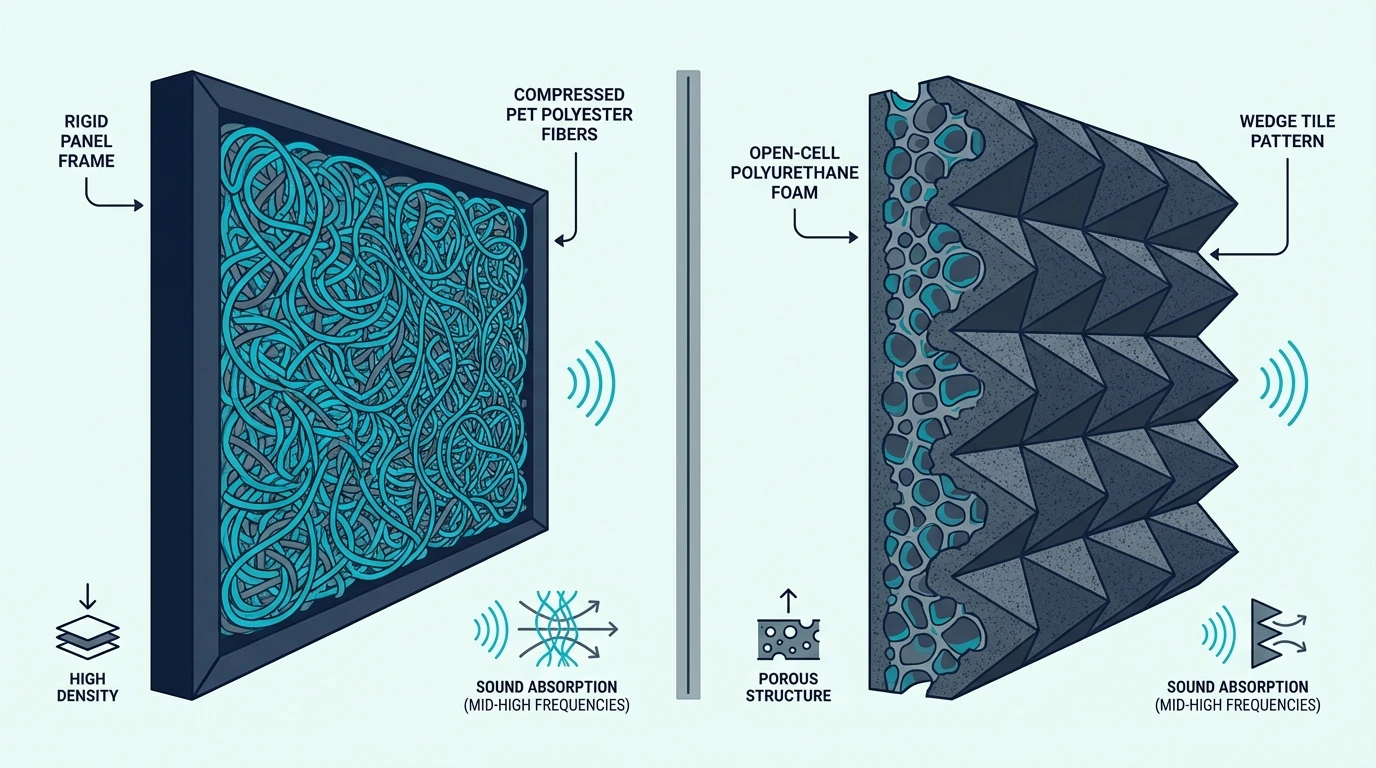 Cross-Section Diagram Showing Compressed PET Polyester Fibers In A Rigid Panel Frame On The Left And Open-Cell Polyurethane Foam Wedge Tile On The Right for polyester vs foam acoustic panels