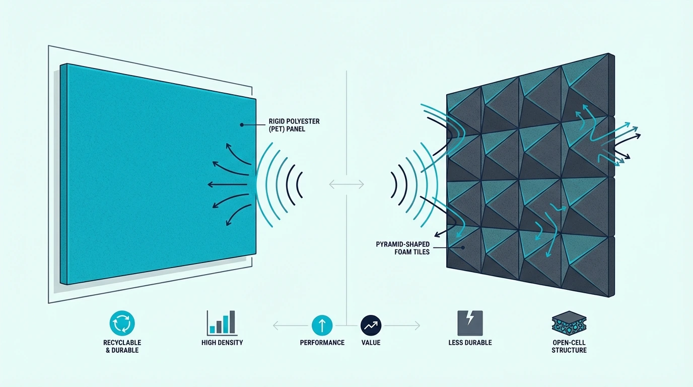 Side-By-Side Product Comparison Showing A Rigid Polyester PET Acoustic Panel On The Left And Pyramid-Shaped Acoustic Foam Tiles On The Right for polyester vs foam acoustic panels